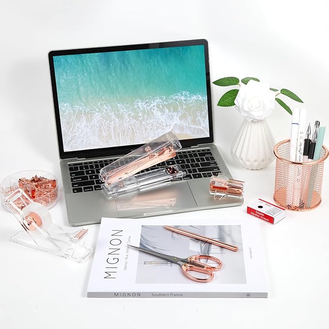 Rose Gold Desk Accessories, Office Supplies Set with Acrylic Stapler, Tape Dispenser, Staple Remover, Pen Holder, Scissor, Binder Paper Clips, 1 Ballpoint Pen, 1 Clear Tape and 1000pcs Staples