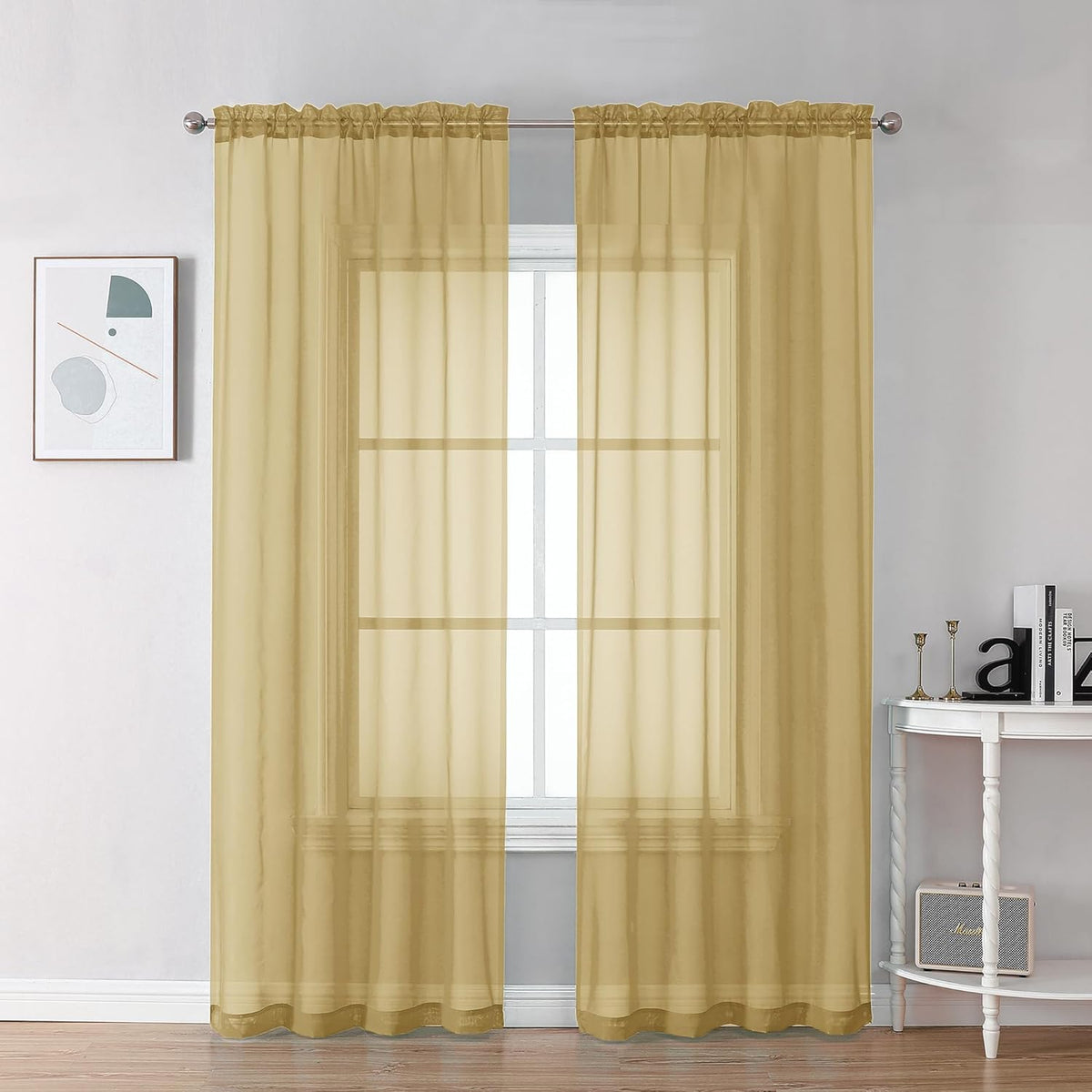 Chyhomenyc Gold Sheer Curtains 78 Inches Long 2 Panels Set for Living Room, Light Filtering Voile Lightweight Bedroom Curtains, Rod Pocket Solid Window Treatment Drapes, Each 42W x 78L