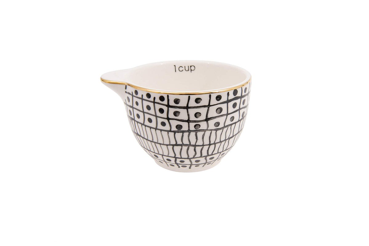 Creative Co-Op Black & White Stoneware Measuring Cups with Gold Electroplating (Set of 4 Sizes)