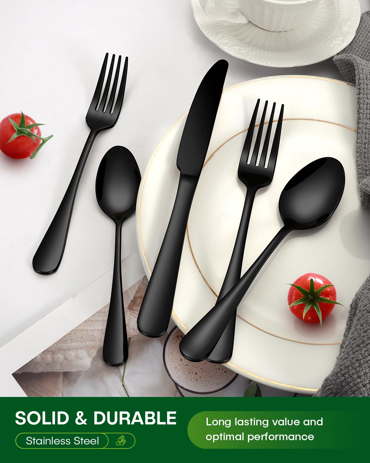 PHILIPALA 40 Piece Black Silverware Set, Stainless Steel Flatware Set for 8 Food Grade Cutlery Utensil Set Include Knife Fork Spoon Mirror Polished Dishwasher Safe