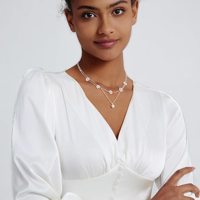 OGD Gold Pearl Necklaces Set for Women 14K Gold Plated Dainty Layered Pearl Cute Daisy Pearl Choker Gold Necklace Gifts for Women Gold Trendy Jewelry Gifts