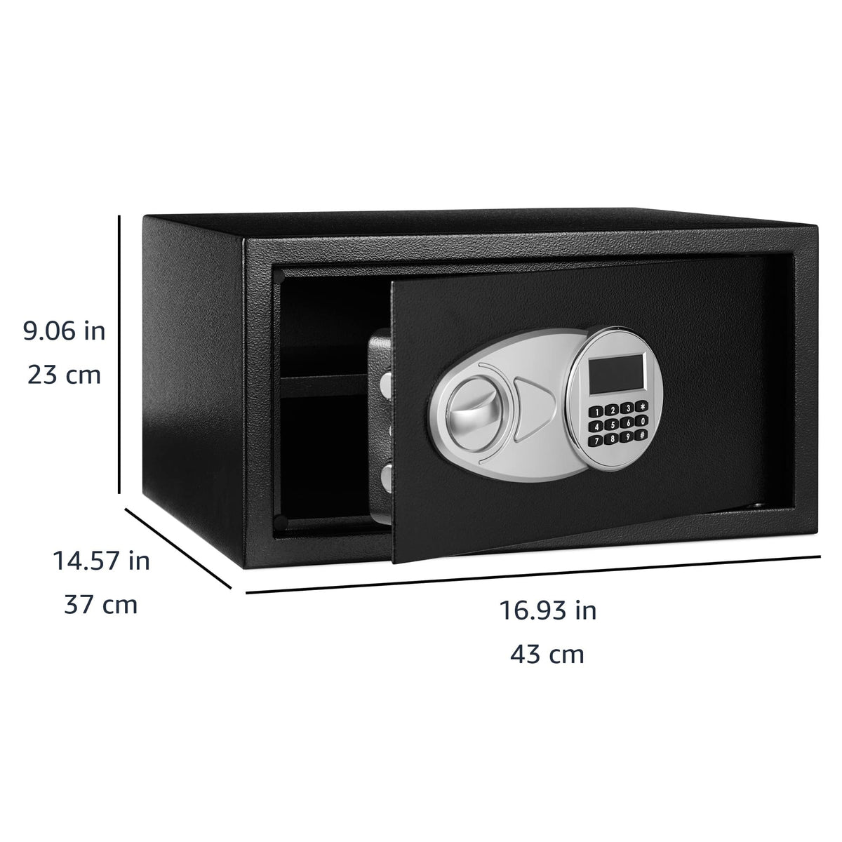 Amazon Basics Steel Security Safe and Lock Box with Programmable Electronic Keypad, for Valuables, Cash, Jewelry, Documents, Black, 1 Cubic Foot, 16.9-x-14.6-x-9.1-inches (WxDxH)