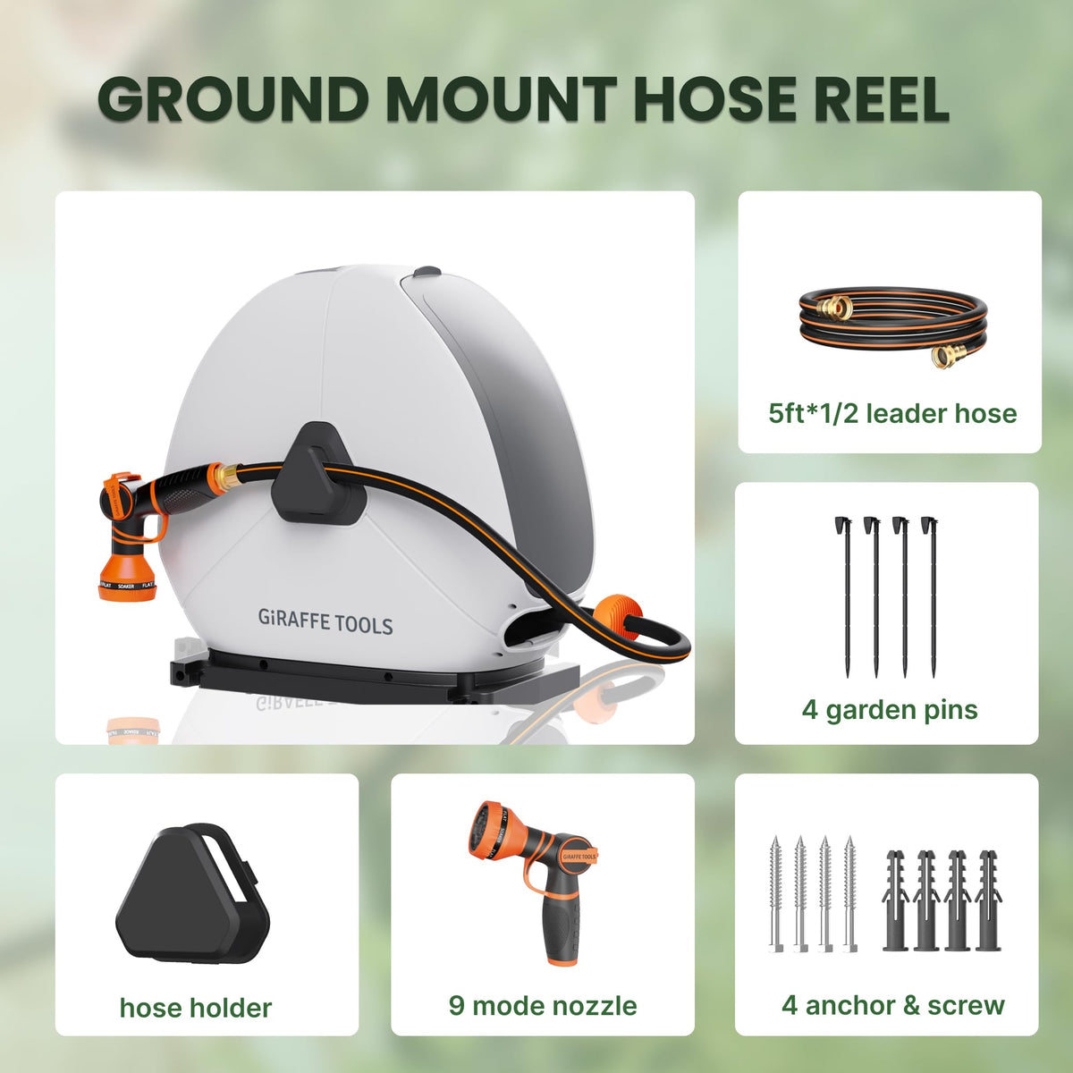 Giraffe Tools Ground Mounted Retractable Hose Reel 1/2 Inch x 130FT, Heavy Duty Automatic Rewind Garden Hose Reel, with Flexible Swivel Base for Lawn, Concrete Floor