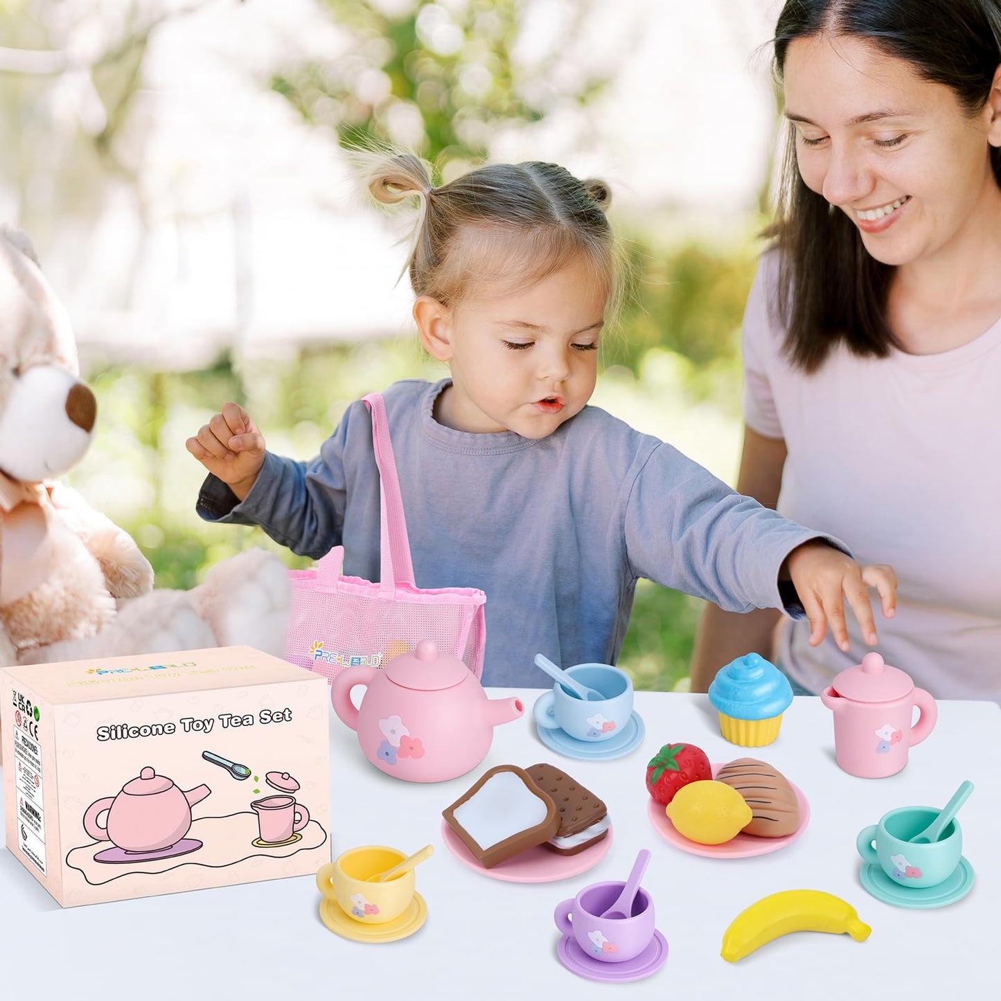 Silicone Tea Party Set for Little Girls,PRE-WORLD 27PCS Toys Toddler Tea Set with Play Food Dessert Cookies,Doughnut,Cake,Carrying Bag,Kids Kitchen Pretend Role Gifts for Girls Boys Age 3 4 5 6