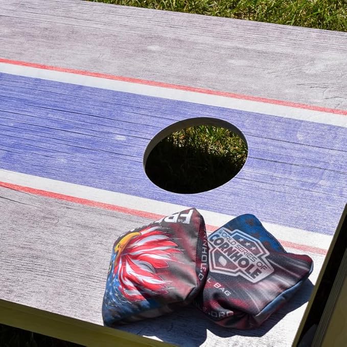 Professional Cornhole Bags Set of 8 Regulation Patriotic Series Resin Filled Pro Bean Bags Dual-Sided Slick and Stick