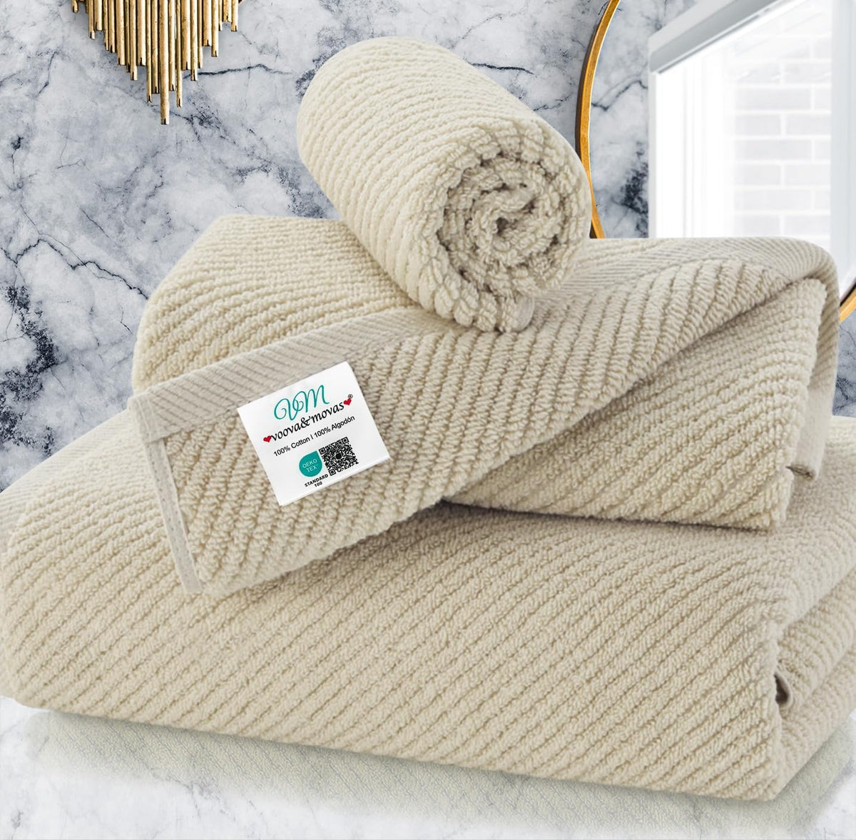 VOOVA & MOVAS Beige Towels for Bathroom - 100% Cotton | Quick Dry | Soft | Thick, 3 Piece Towel Set, 1 Large Bath 30" x 56", 1 Hand 18" x 28",1 Wash Cloth 13" x 13", Bathroom Essentials, Light Tan