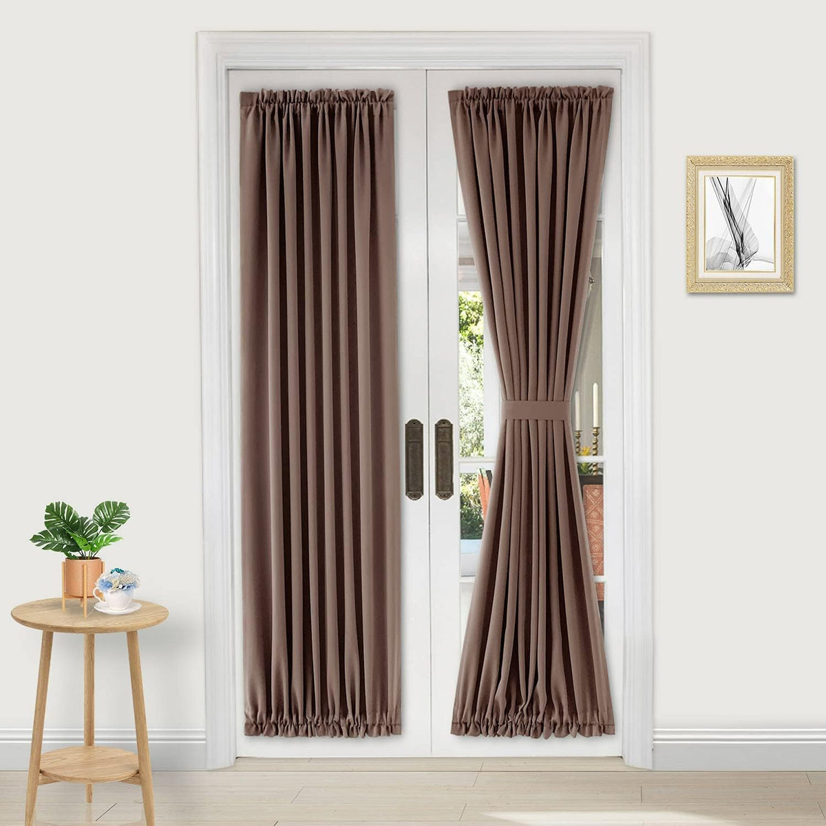 DWCN French Door Curtains â Rod Pocket Thermal Blackout Curtain for Doors with Glass Window, Kitchen and Patio Doors for Privacy, 36 X 72 Inches Long, 1 Curtain Panel with Tieback,Khaki