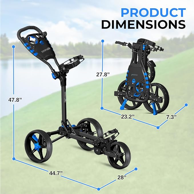 SereneLife Golf Cart Lightweight Foldable Golf Push Cart - Aluminum Folding Trolley with Adjustable Handle, Elastic Bag Straps, Dual Brakes, Scorecard & Cup Holders for Easy Maneuverability