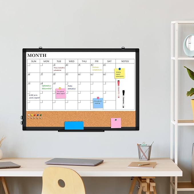Monthly Calendar Whiteboard Dry Erase Cork Board Combo, 24" x 18" Magnetic Double-Sided Calendar White Board and Bulletin Board with Black Aluminium Frame, Portable Whiteboard for Office, Home, School