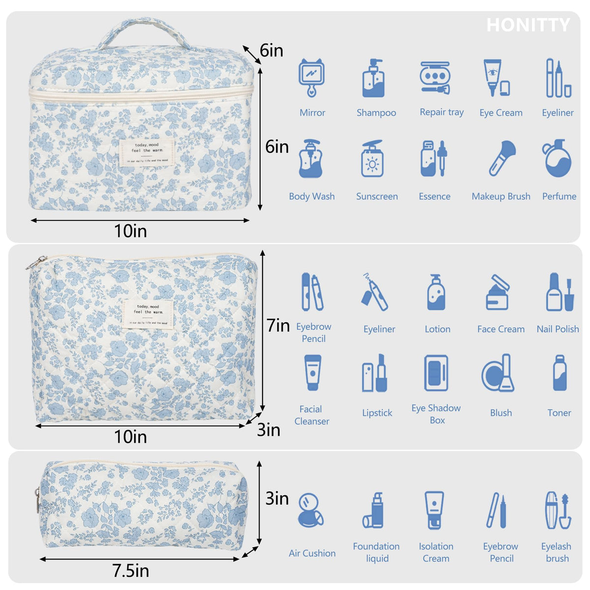 Makeup Bag,Quilted Cosmetic Bag,Large Floral Make Up Bag for Women,Cotton Makeup Bag Set,Flower Travel Toiletry Bag