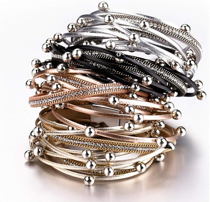 Fesciory Leather Wrap Bracelets for Women, Boho Leopard Multi-Layer Crystal Beads Cuff Bracelet Jewelry