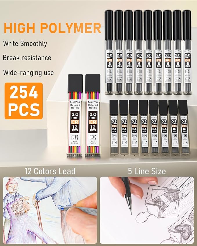 Nicpro 34PCS Black Art Mechanical Pencils Set, Metal Drafting Pencil 0.3, 0.5, 0.7, 0.9 mm & 2PCS 2mm Lead Holder (6B 4B 2B HB 2H 4H Colors) For Sketching Drawing With 19 Tube Lead Refills Case