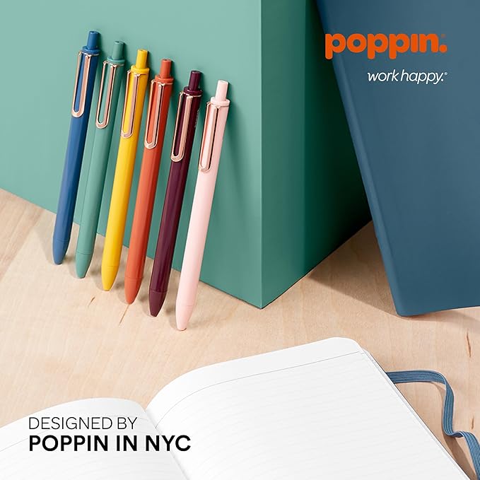 Poppin Stylish Retractable Gel Pens - Fine Point, 0.7mm Tip, Smooth Writing Ink, Metal Clip, Assorted Desert with Black Ink, 12 Pack