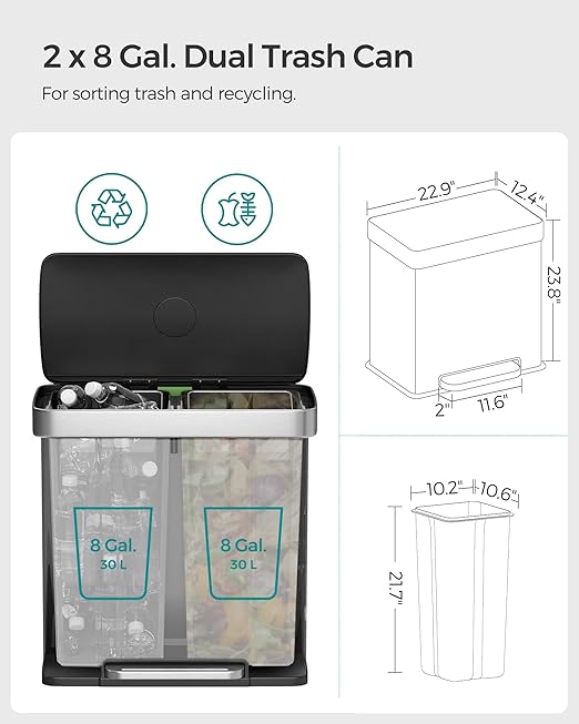 SONGMICS Kitchen Trash Can, 16 Gallon (2 x 8 Gallon) Dual Compartment Garbage Can, 60L Pedal Recycling Bin, Stays Open and Soft Close, Stainless Steel, 15 Bags Included, Ink Black ULTB202B01