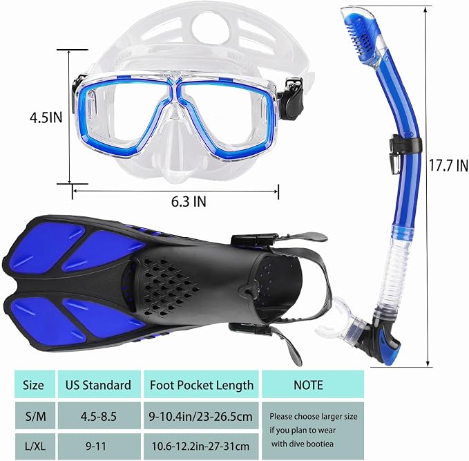Snorkeling Gear for Adults with Fins Scuba Diving Gear Adult Professional Travel Snorkel Sets with Flippers,Anti-Fog Anti-Leak Diving Mask