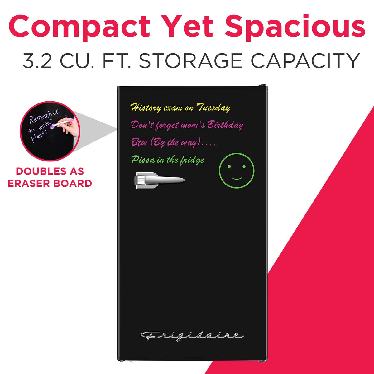 Frigidaire EFR331 Single Door Compact Refrigerator - Adjustable Thermostat Control - Reversible Doors - Front Blackboard, Write and Erase - Ideal for Dorm, Office, RV, Room - Black, 3.2 Cubic Feet