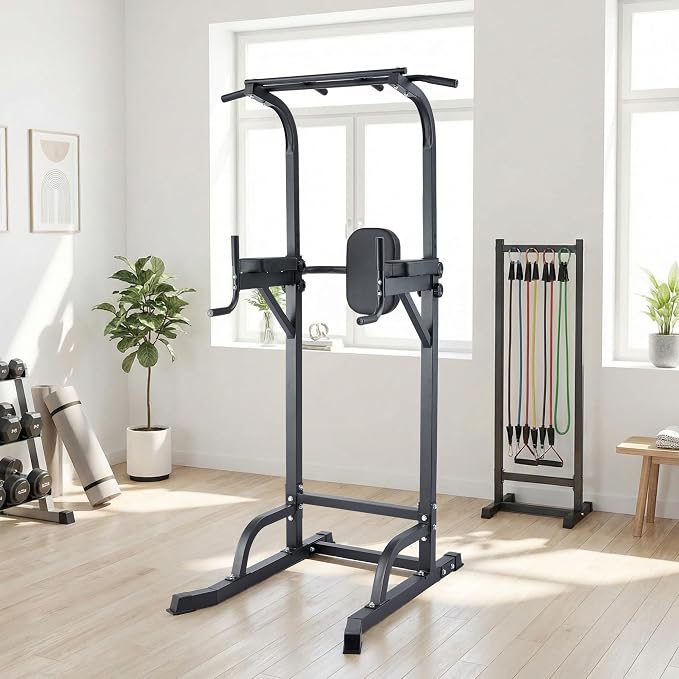 Power Tower Pull Up Bar Dip Station, Adjustable Height Home Gym Equipment, Heavy Duty Strength Trainer with 880 Lbs Capacity, Multi-Function Workout for Full Body Exercise, Stable Fitness Equipment