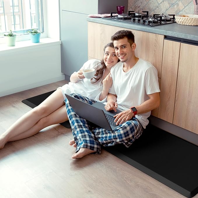 KitchenClouds 2PCS Kitchen Rugs Cushioned Anti-Fatigue Non-Slip Waterproof Kitchen Mat Comfort Foam Standing Mat for Floor Office Sink Laundry (Black)