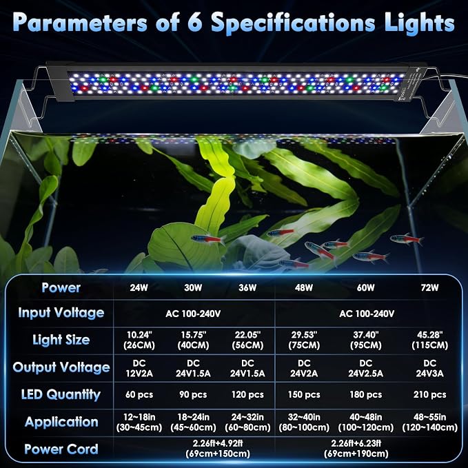 AQQA LED Aquarium Light 30W for 18-24 Inch Fish Tank, 24/7 Mode&DIY Mode Full Spectrum Fish Tank Light, IP68 Waterproof High Lumen Aquarium Plant Light, Adjustable Brightness/Timer, Memory Function