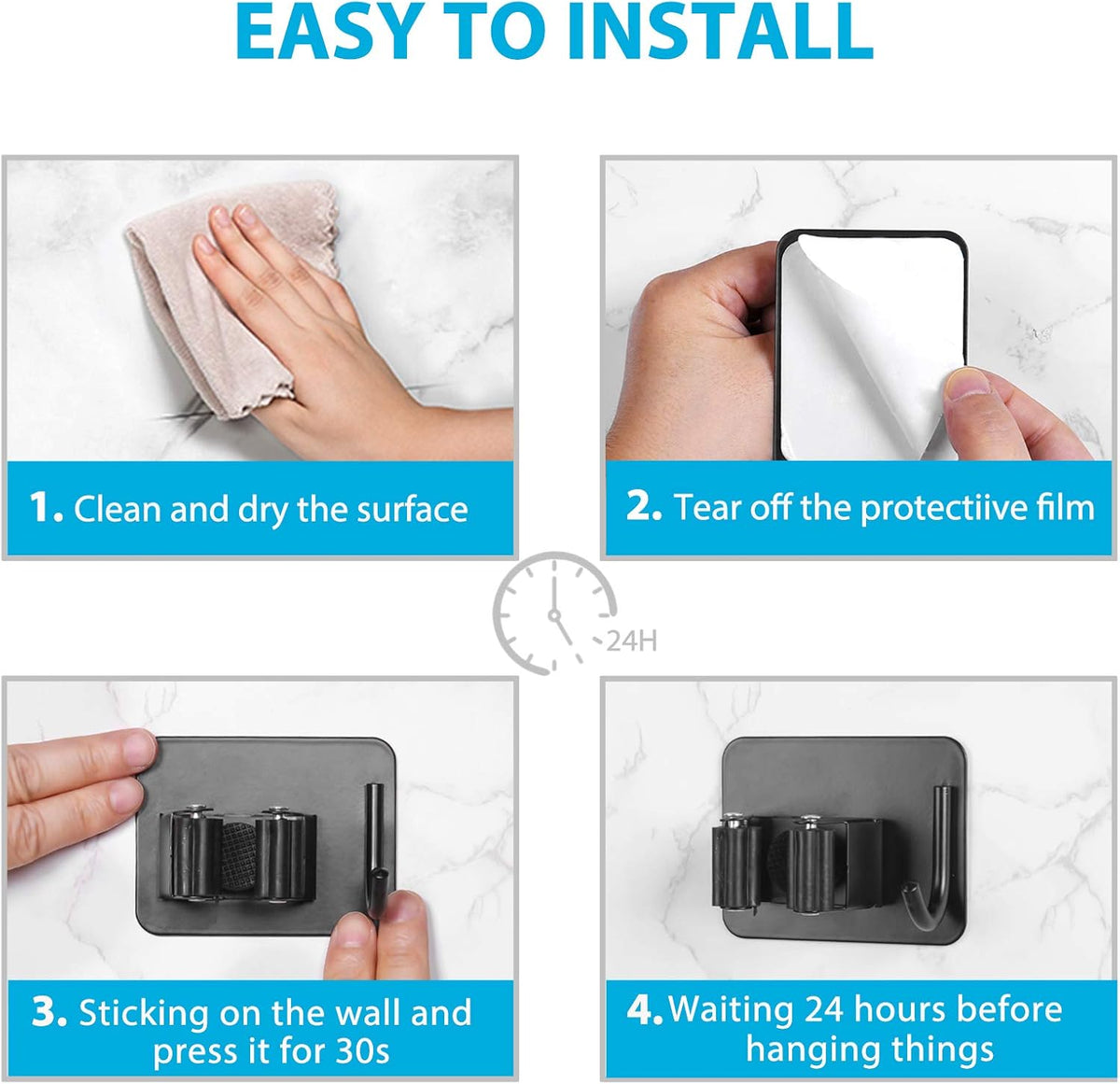 Mop Broom Holder No Drill, Mop Broom Organizer Wall Mounted Heavy Duty with Hooks Hanger, Self Adhesive Stainless Steel 6Pcs for Bathroom, Kitchen, Office (Black)