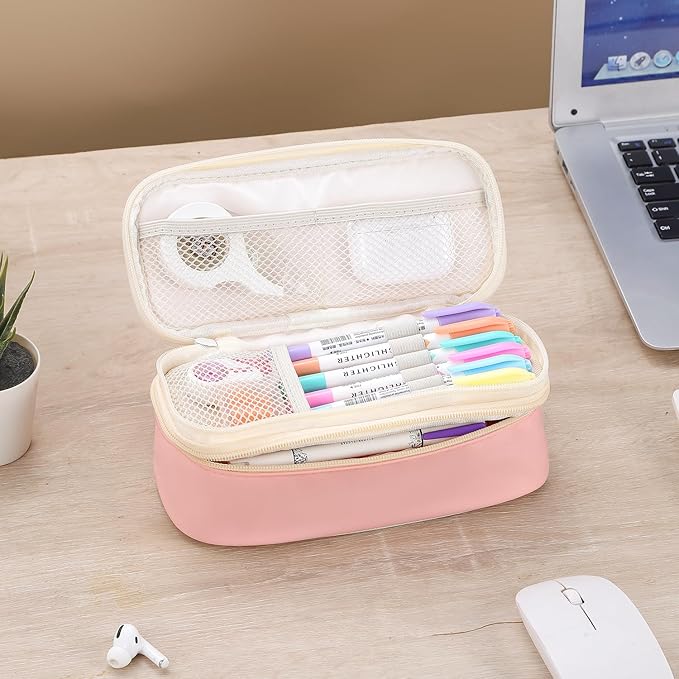 Pencil Case for Girls Kids Teens Adults Big Pencil Bag with Zipper Big Pen Pouch Large Stationery Pen Case Organizer for School Pink