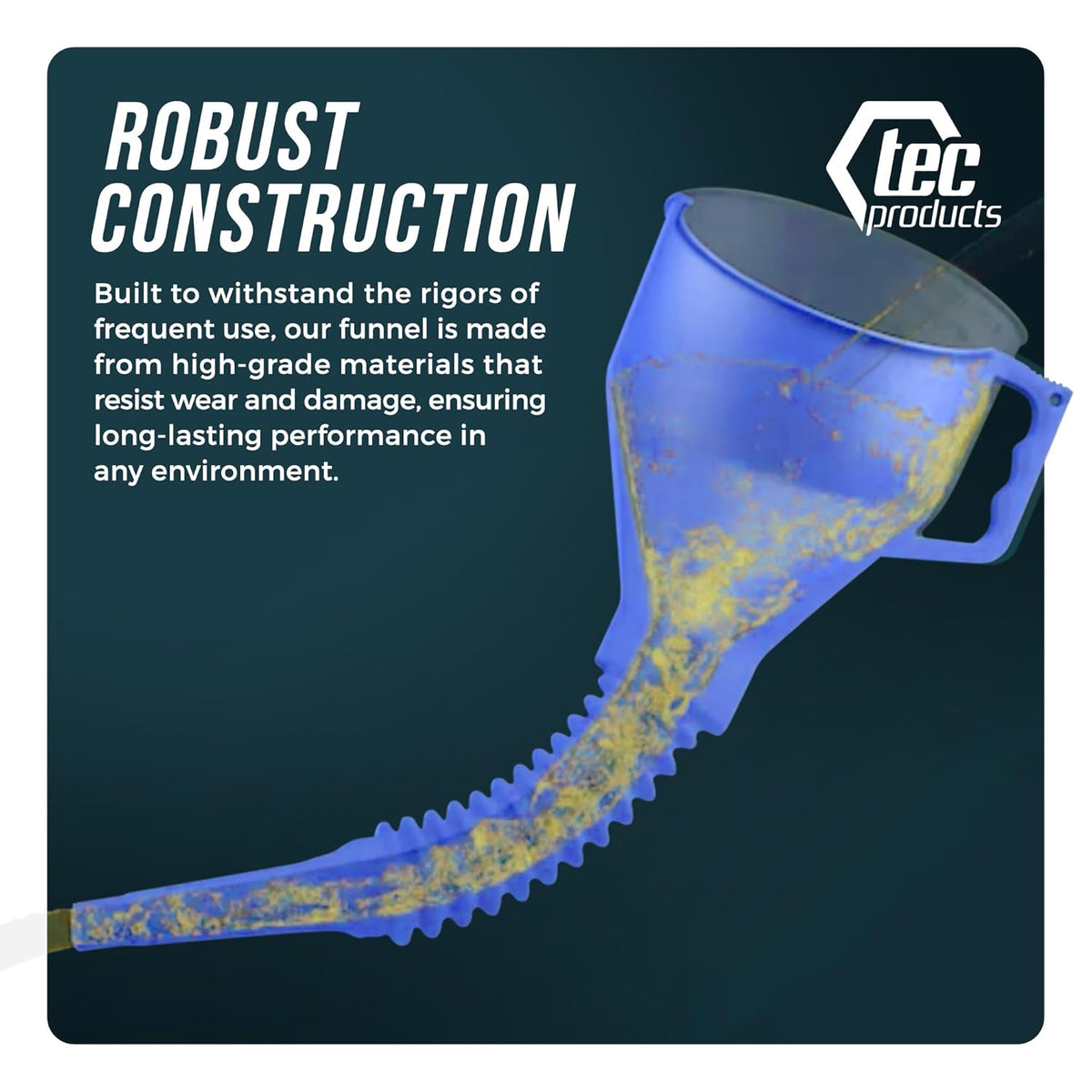 TEC Products FlexAll Long Flexible Funnel for Automotive Use - Durable Nitrile Rubber - Ideal for Car Oil Change, Transmission Funnel Fluid, Diesel, Fuel, Gas - Made in USA - Blue (12 x 4 Inches)