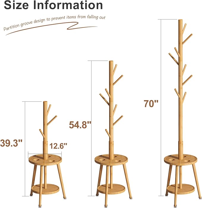 FILWH Freestanding Coat Rack with Umbrella Organizer Tray Bamboo Coat Tree Rack with 8 Hook Stand for Clothes Bag Hats Entryway Hanger Stand(Nature)