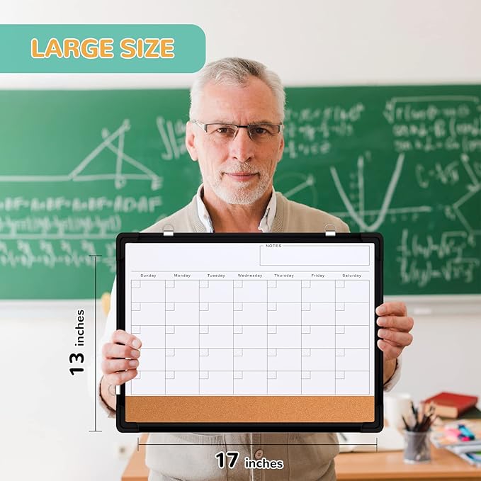 Monthly Calendar Whiteboard Dry Erase Cork Board Combination for Wall, 17x13 Magnetic Dry Erase Board, Double-Sided White Board, Portable Board for Office, Planning, Memo, School, Home (Black)