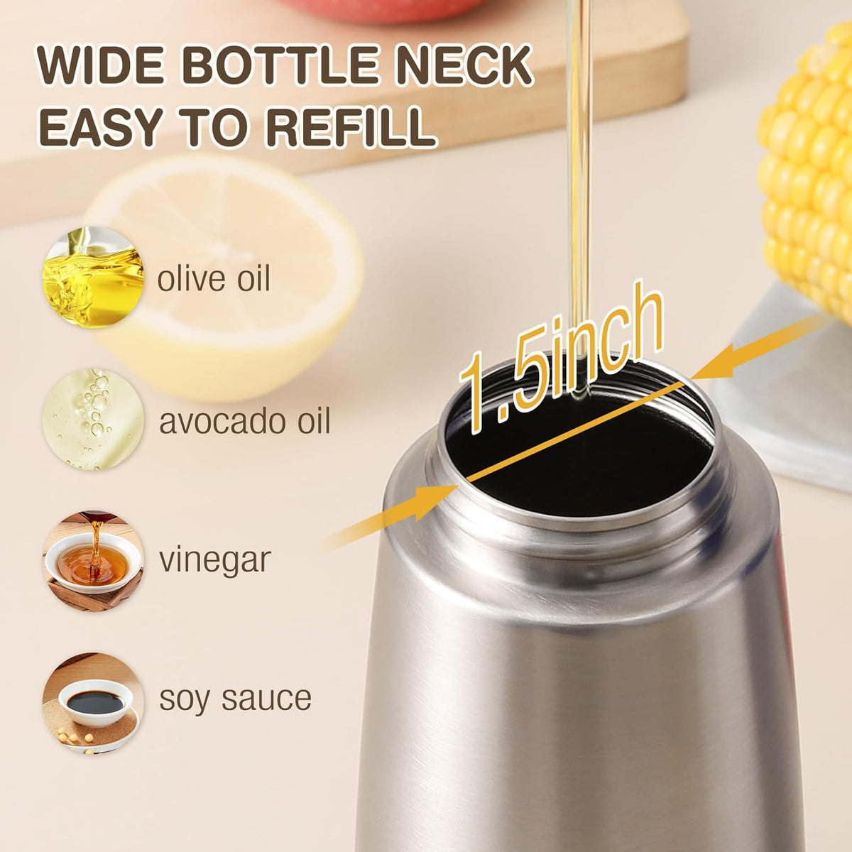Vucchini Oil Dispenser Bottle Stainless Steel-Auto Flip Kitchen Oil and Vinegar Dispenser Set With Automatic Cap and Stopper - 12.8 oz Non-drip Spout Cruet Bottle