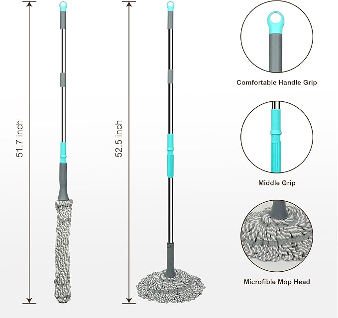 Self Wringing Mop Floor Cleaning, Easy Squeeze Twist Mop, Heavy Duty Wet Mops for Cleaning Hardwood Tile Vinyl Laminate Floors (Gray- 2 Head)