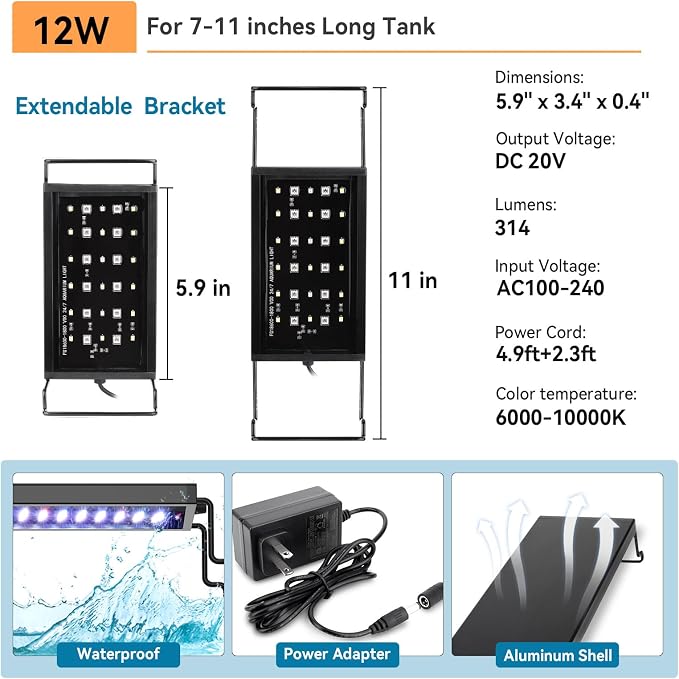 hygger 0.5-3 Gallon Small Aquarium LED Light for Fish Tank Full Spectrum Lighting with 24/7 Day-Night Cycle & Auto On/Off Timer, Adjustable Brightness, 7 Colors Options, Extendable Bracket Plant Light