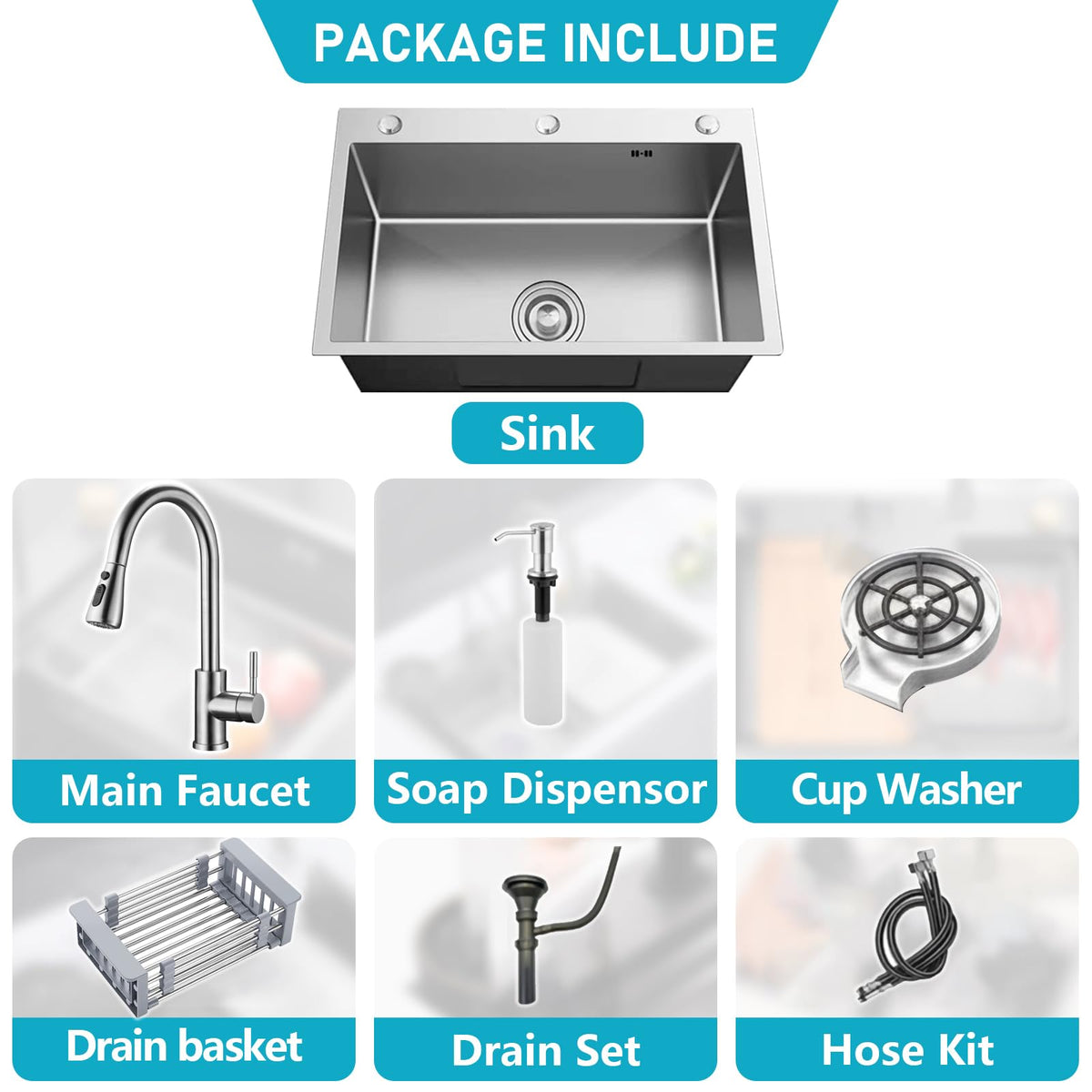 YINXSLO Stainless Steel Kitchen Sink with Faucet, Single Bowl Top Mount/Drop-In 3 Hole Single Bowl Workstation Sink with Cup Washer, Soap Dispenser, Drainage kit for Bar, Kitchen, Balcony (20 * 18in)
