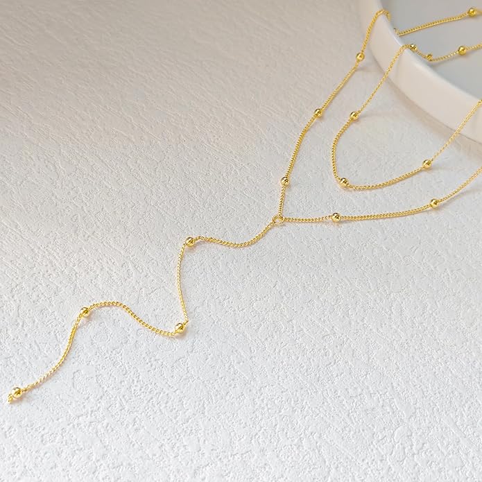 Gold Necklace for Women Trendy Lariat Y Necklace Dainty 14k Gold Plated/Silver Long Necklaces for Women Layered Beaded Drop Necklaces Simple Y-Shaped Chain Jewelry Gifts