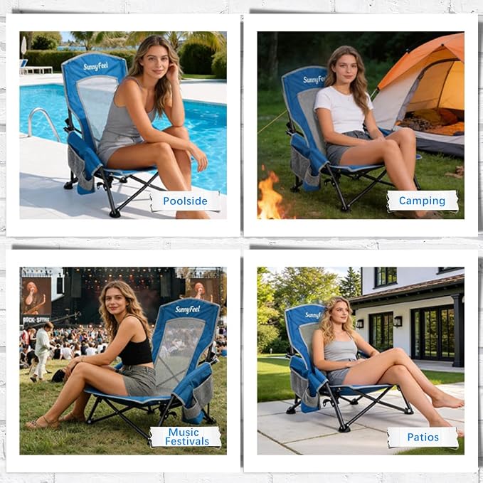SUNNYFEEL Low Folding Beach Chair for Adults, Portable Lightweight Sling Beach Camping Chairs with Cup Holder, Armrest,Foldable Camp Lawn Chair for Outdoor Sand Concert Travel Sport Events,300LBS