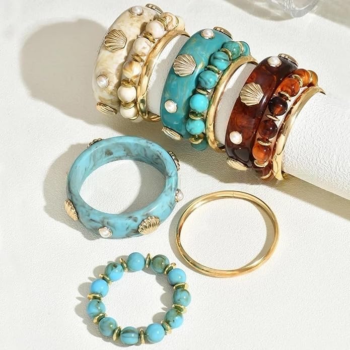 1 Set Bold Sea Inspired Multilayer Stackable Bracelet With Shell Waved Design Lightweight Resin Iron Jewelry For Women
