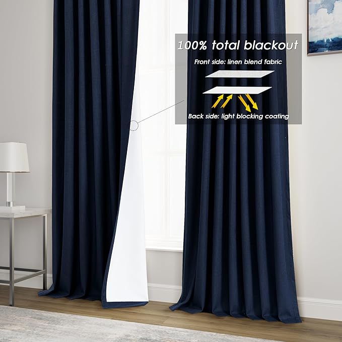 Navy Blue Linen Blackout Curtains 132 inch Length Back Tab Rod Pocket Thermal Insulated Textured Living Room Blackout Curtains 2 Panels Set 52x132
