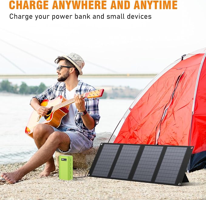 40 Watt Portable Solar Panel for 100W~200W Portable Power Station, Foldable Solar Charger with 12-15V DC Output (11 Connectors) and Adjustable Kickstand,USB QC3.0 Port for Camping Hiking Van RV Trip