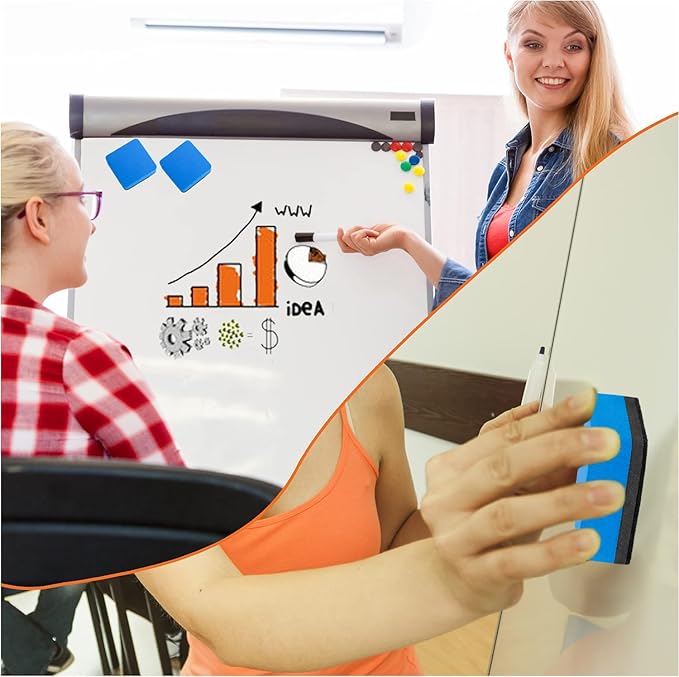 Dry Erase Markers, 48 Pack Magnetic Whiteboard & Chalkboard Cleaners, Small Magnetic Erasers (Blue)