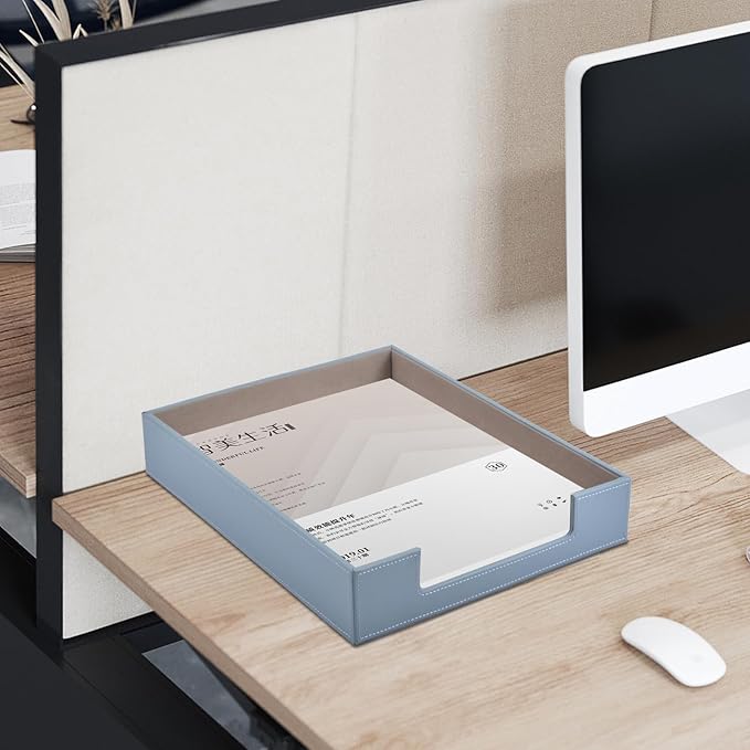 Leather Letter Tray,Stackable File Document Tray,Desk Organizer for Office Supplies,A4 Paper Case Rack,Desktop Organization,Pen Mail Magazine Storage Box (Grey)