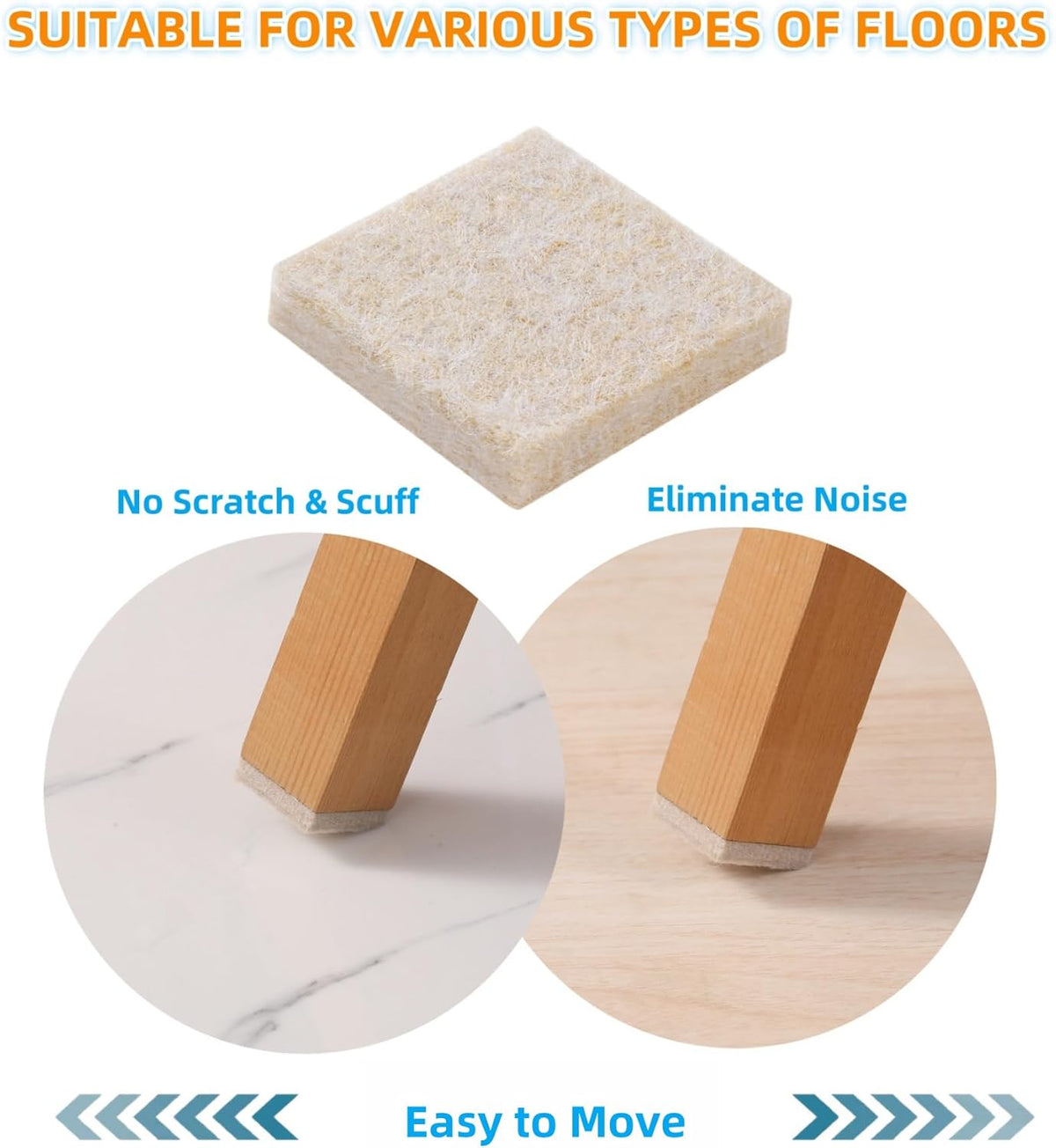 Furnigear Felt Furniture Pads for Hardwood Floor - Self Adhesive Chair Felt Pads, Floor Protector for Furniture Feet, Furniture Sliders Moving Your Furniture Smoothly - Anti Scratch 96 Pcs 3/4" Square