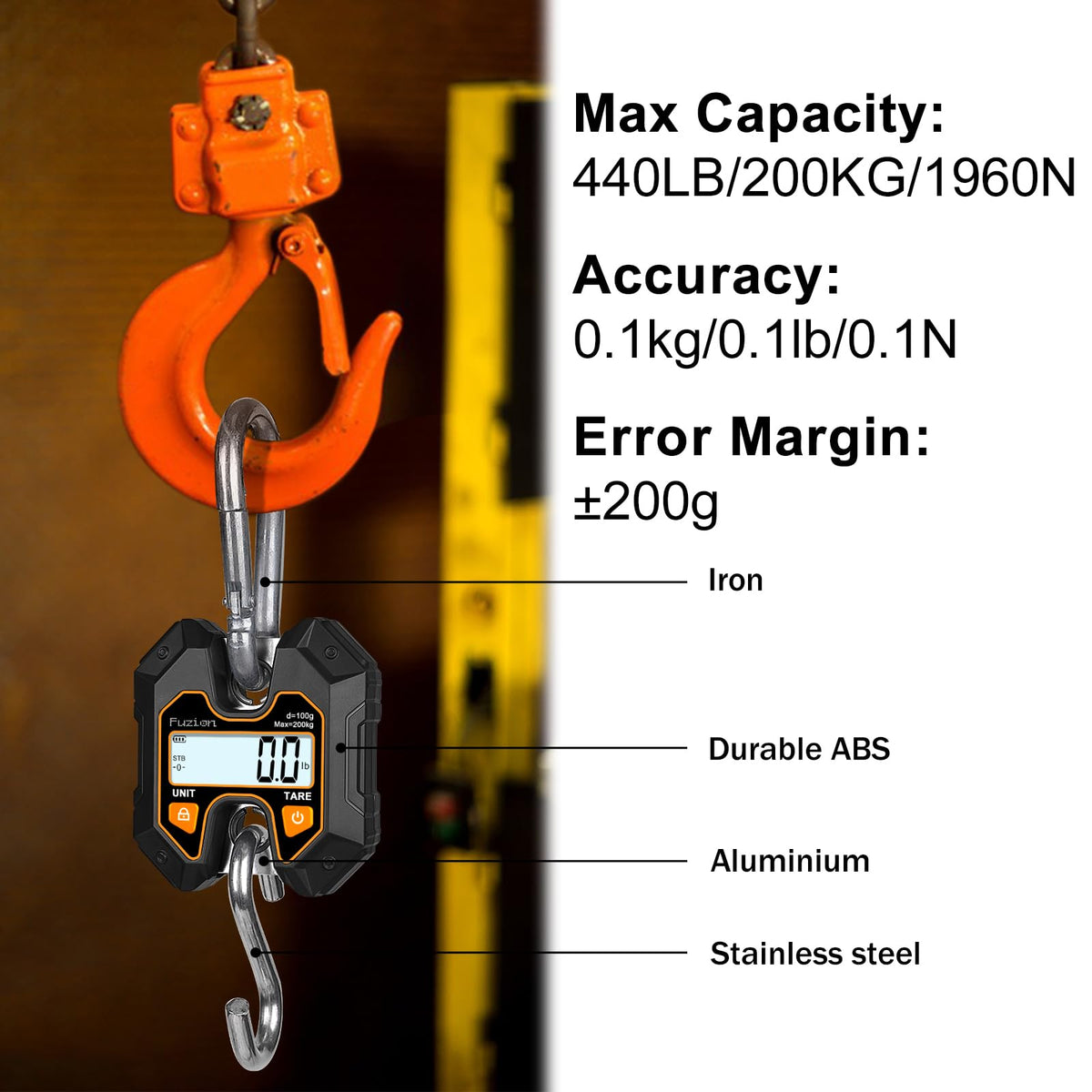 Fuzion Mini Crane Scale - Hanging Scale 440lb/200kg/1960N, Deer Scale with Large LCD Display, Hold & Tare Functions for Hunting, Farms, Fishing, No Setup Required