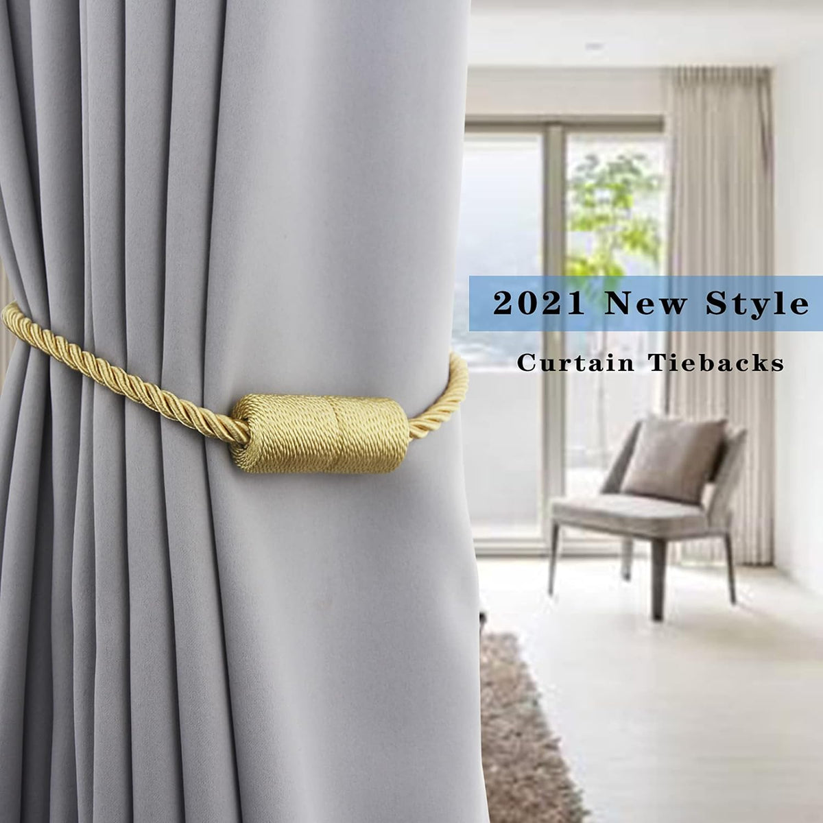 4 Pack Gold Strong Magnetic Curtain Tiebacks Outdoor Elegant Decorative Tie Backs Modern Rope Tiebacks for Drapes Window Curtain Holdbacks for Draperies