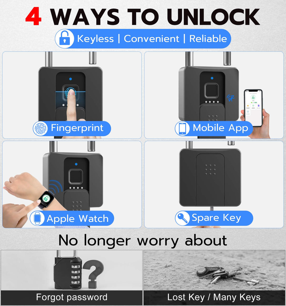Fingerprint Padlock with Key Backup, Anweller Weatherproof Biometric Bluetooth App Controlled Keyless Smart Electronic Combination Lock for Outdoor Fence Gate Pool Shed Gym Locker Yard Truck