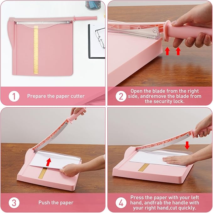 Paper Cutter, Paper Trimmer with Safety Guard, 12" Cut Length Paper Slicer with 16 Sheet Capacity Paper Cutting Board,Guillotine Paper Cutters and Trimmers for Cardstock Cardboard Vinyl (Pink)