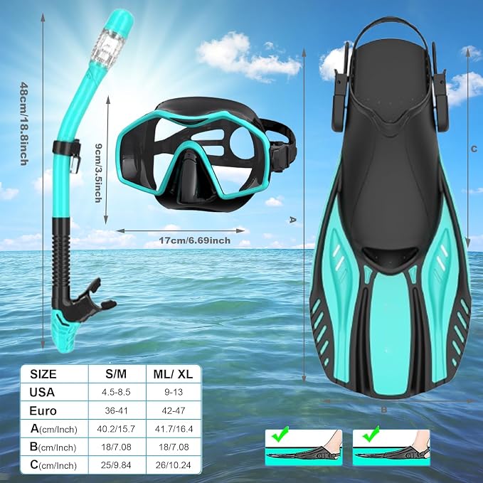 Snorkeling Gear for Adults,Mask Fins Snorkel Set,Panoramic View Diving Mask Anti-Fog,Dry Snorkel,Adjustable Swim Flippers and Travel Bag,Adults Snorkel Gear for Swimming Snorkeling Diving