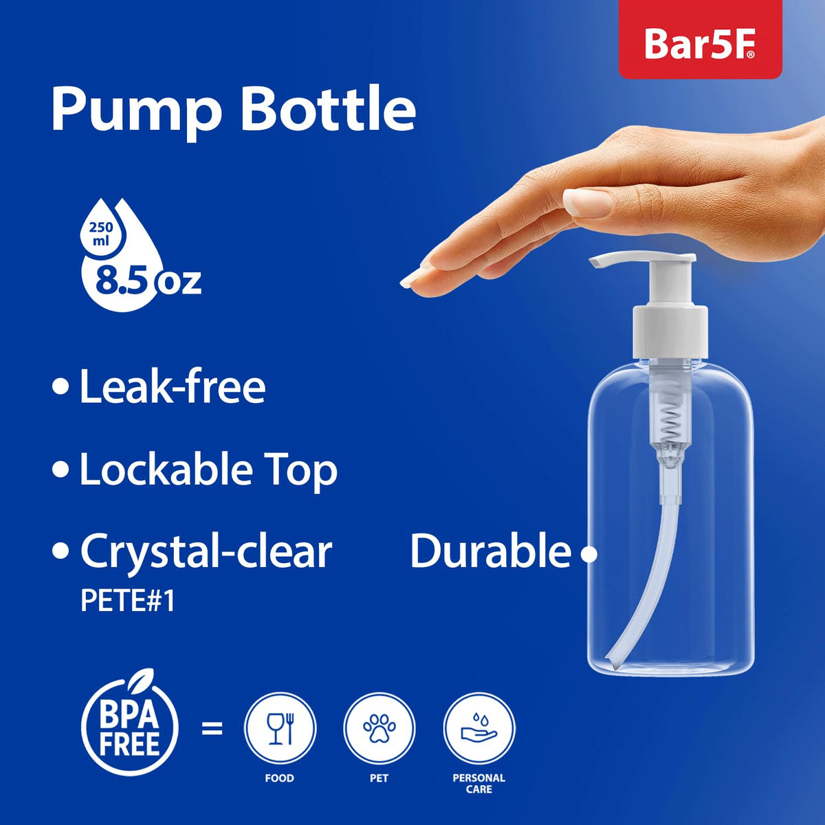 Bar5F Plastic Bottles with Pump Dispenser, 8 oz | Leak Proof, Empty, Clear Refillable, BPA Free for Body Wash, Moisturizer, Face Cream, Liquid Soap | Black & White Pumping Caps | Set of 2