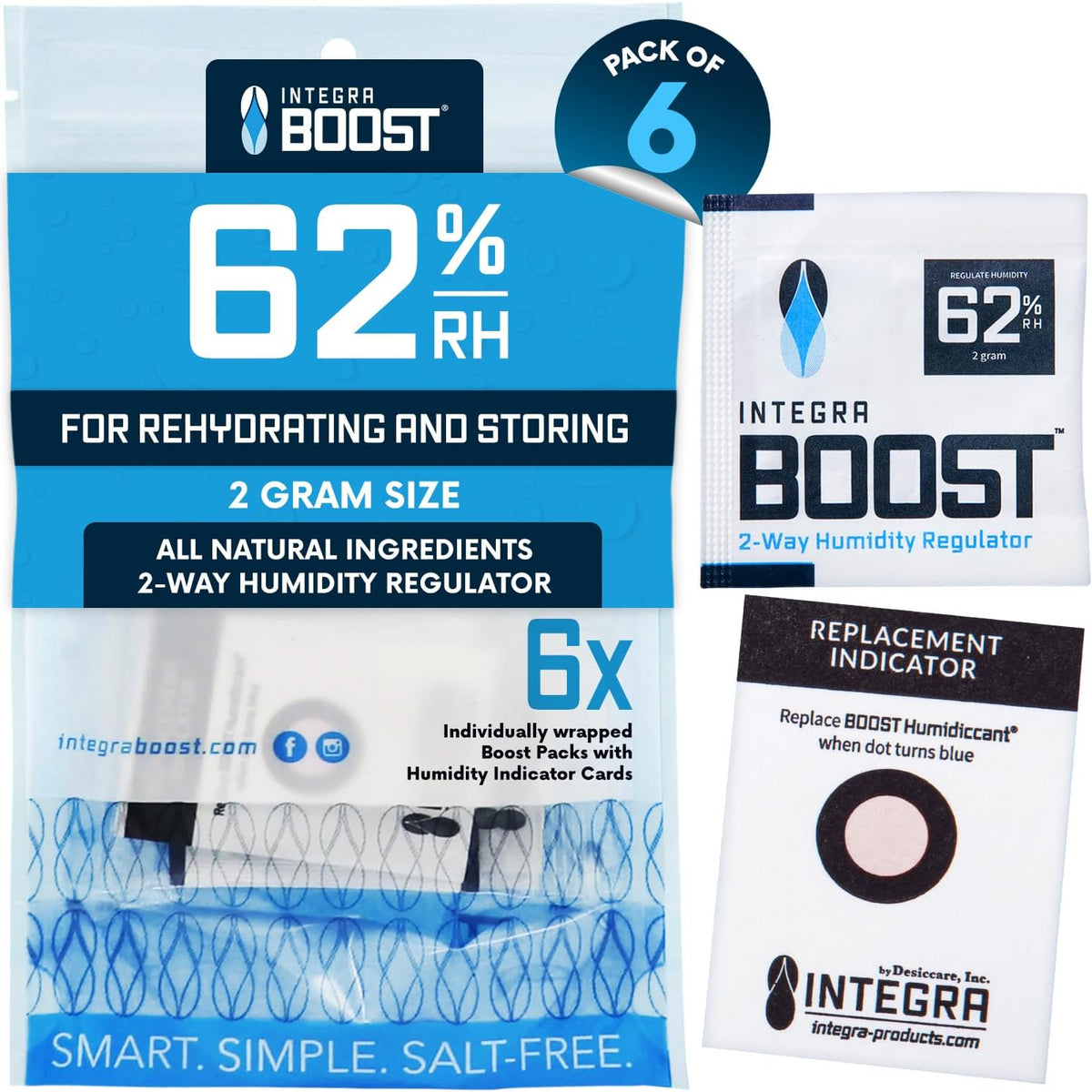 Integra Boost 2-Way Humidity Control Pack â Patented Technology for Humidity Control â Preserve Flavor & Maintain 62% RH â Moisture Absorber for Herbs, Spices & More â 2 Gram (Pack of 6)