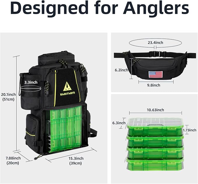 Ghosthorn Fishing Tackle Backpack with 4 3600 Tackle Boxes Rod Holder Outdoor 43L Large Bag with Detachable Wasit Bag Storage Fishing Gear and Equipment Waterproof