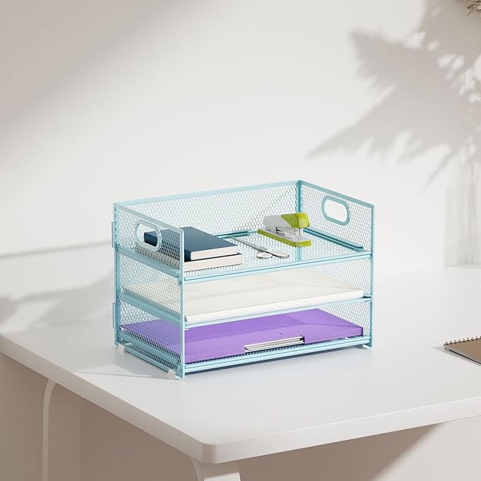 Marbrasse 3 Tier Paper Organizer Letter Tray, Mesh File Organizer with Handle, Paper Sorter Desk Organizer for Home Office Supplies(Blue)