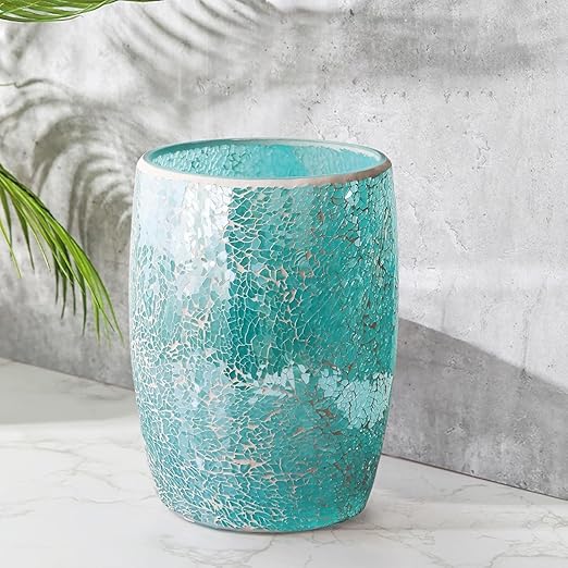 Escenzy Modern Bathroom Trash Can Mosaic Glass 5L | 7" x 10" | Decorative Small Garbage Can | Luxury Waste Basket for Restroom, Office, Bedroom & Kitchen | Shiny Turquoise Green Bathroom Accessories